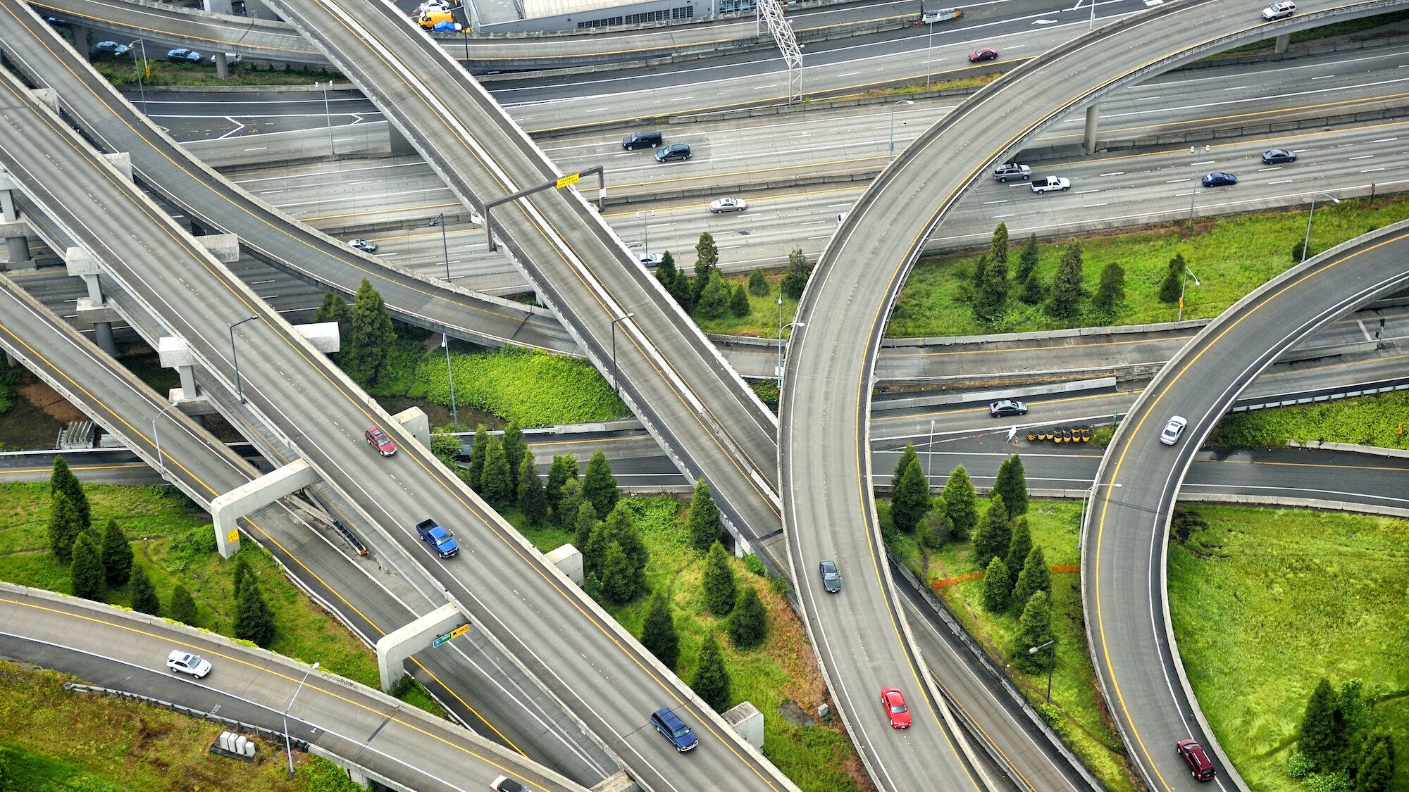 55014,Aerial view of interstate change overpasses